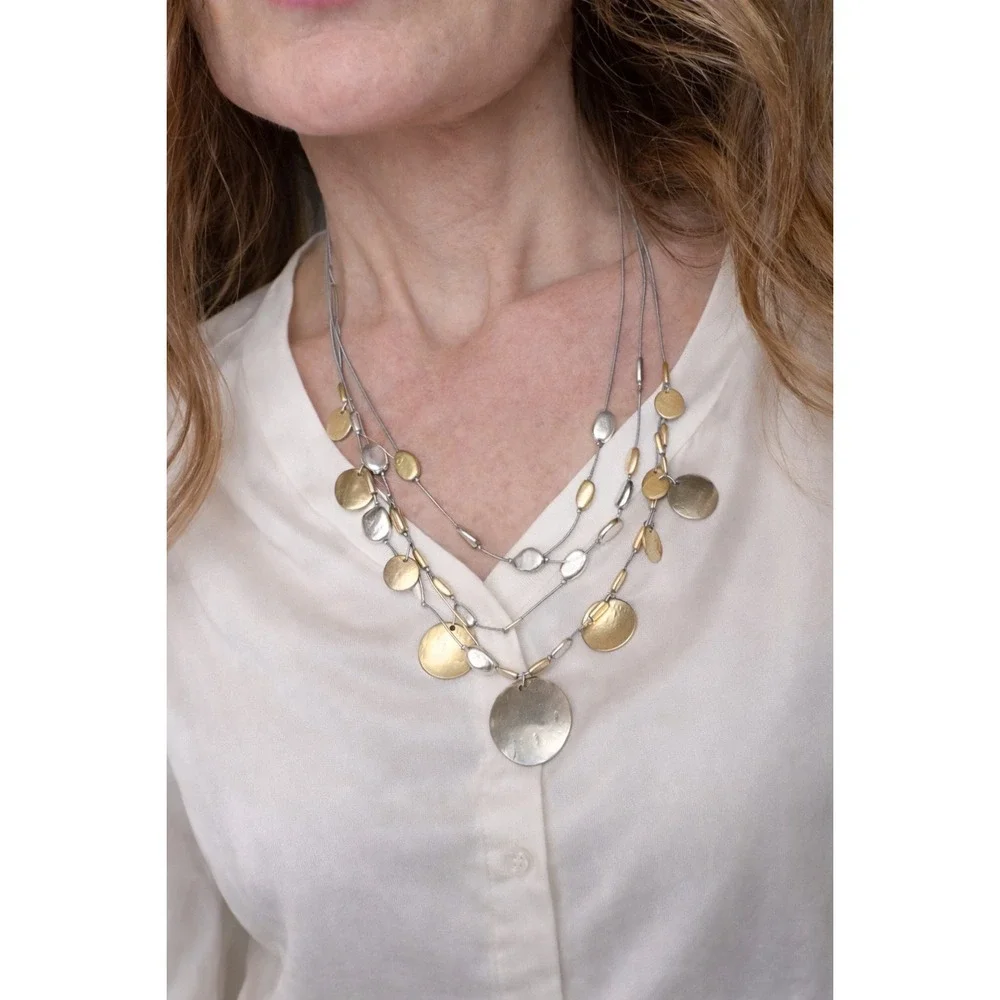 Chico's Layered Necklace Women OS Silver Gold Hammered‎ Disc Boho Statement Chic